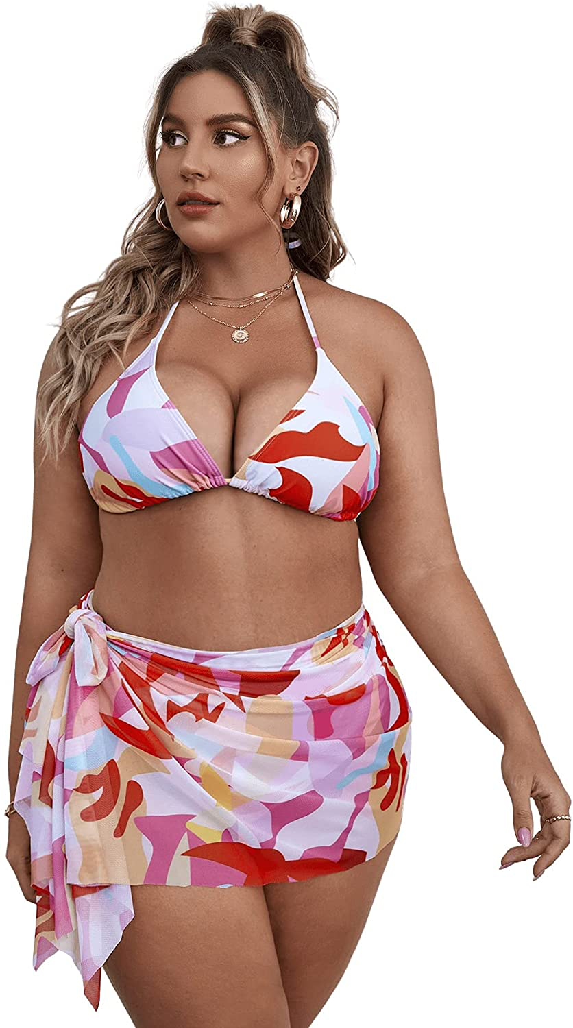 SOLY HUX Women's Wrap Triangle Bikini Bathing Suits with Mesh Beach Skirt 3 Piece Swimsuits Apparel & Accessories > Clothing > Swimwear KYLIE MAX Printed Plus 3X-Large Plus 