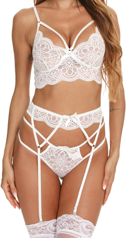 CHEENBOL Lace Lingerie Set with Garter Belt 3 Pieces Lace Teddy Strap Babydoll Bodysuit for Women Apparel & Accessories > Clothing > Underwear & Socks > Lingerie CHEENBOL White XX-Large 