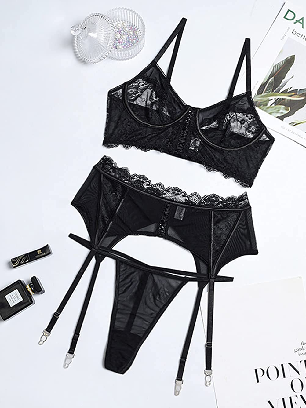 Kaei&Shi Sheer Lace Mesh, Underwire Cami, High Waisted Lace up Belt, 3 Piece Garter Set Apparel & Accessories > Clothing > Underwear & Socks > Lingerie Kaei&Shi   