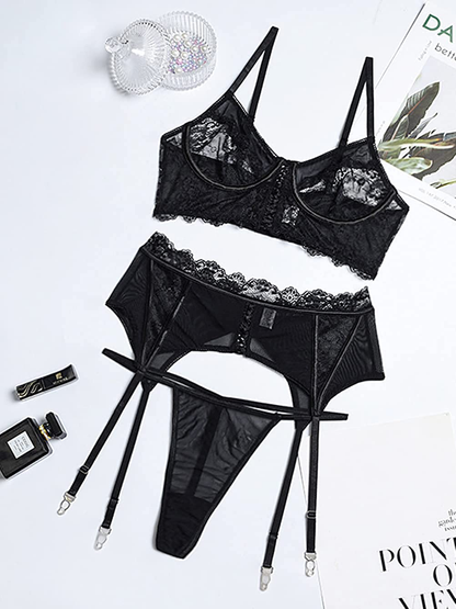 Kaei&Shi Sheer Lace Mesh, Underwire Cami, High Waisted Lace up Belt, 3 Piece Garter Set Apparel & Accessories > Clothing > Underwear & Socks > Lingerie Kaei&Shi   