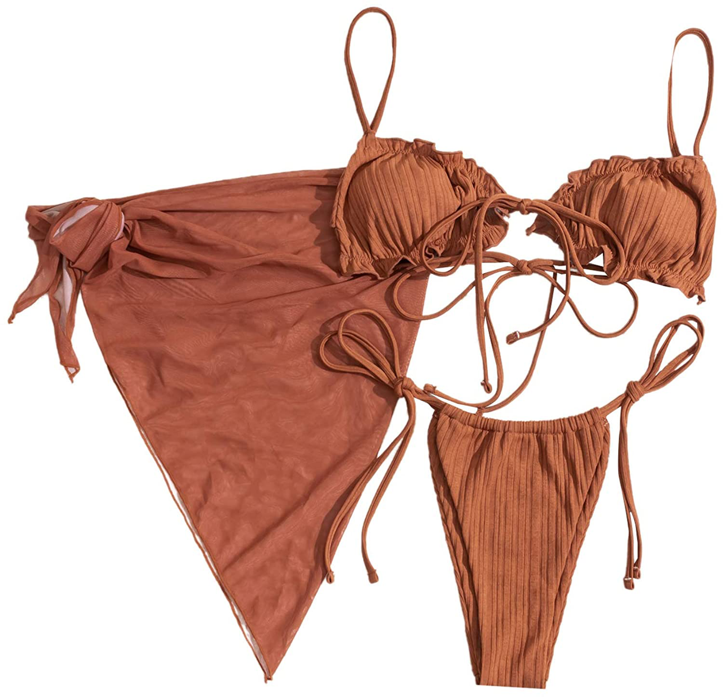 SOLY HUX Women's Wrap Triangle Bikini Bathing Suits with Mesh Beach Skirt 3 Piece Swimsuits Apparel & Accessories > Clothing > Swimwear KYLIE MAX Rust Brown Medium 