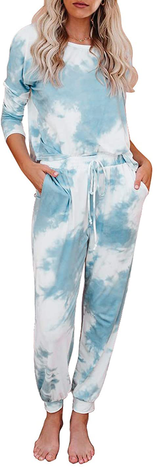 KIRUNDO Women’s Tie Dye Pajamas Set Long Sleeves Jogger PJ Sets Two Pieces Round Neck Loungewear Nightwear Sleepwear Apparel & Accessories > Clothing > Sleepwear & Loungewear > Pajamas KIRUNDO Sky Blue Large 