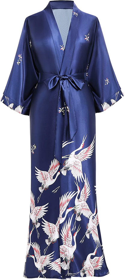 PRODESIGN Long Kimono Robe Satin Sleepwear Blouse Silky Bathrobe Nightgown Floral Crane Kimono Cardigan Cover Up Apparel & Accessories > Clothing > Sleepwear & Loungewear > Robes KYLIE MAX Navy Blue  