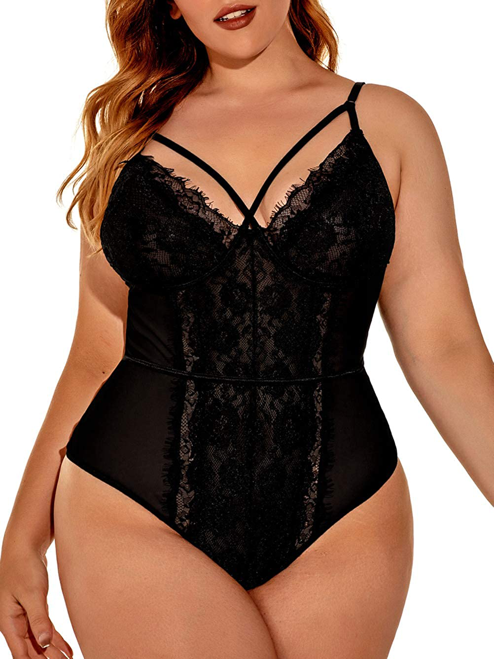 Kaei&Shi Plus Size Lingerie for Women,Sheer Lace Sexy V Neck Bodysuit,Eyelash One Piece Floral Teddy Valentine Apparel & Accessories > Clothing > Underwear & Socks > Lingerie Kaei&Shi Black X-Large 