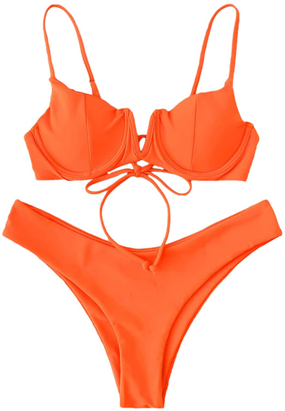 SweatyRocks Women's Sexy Bathing Suits Spaghetti Strap Floral Bikini Set Underwire Swimsuit Apparel & Accessories > Clothing > Swimwear SweatyRocks Orange Medium 