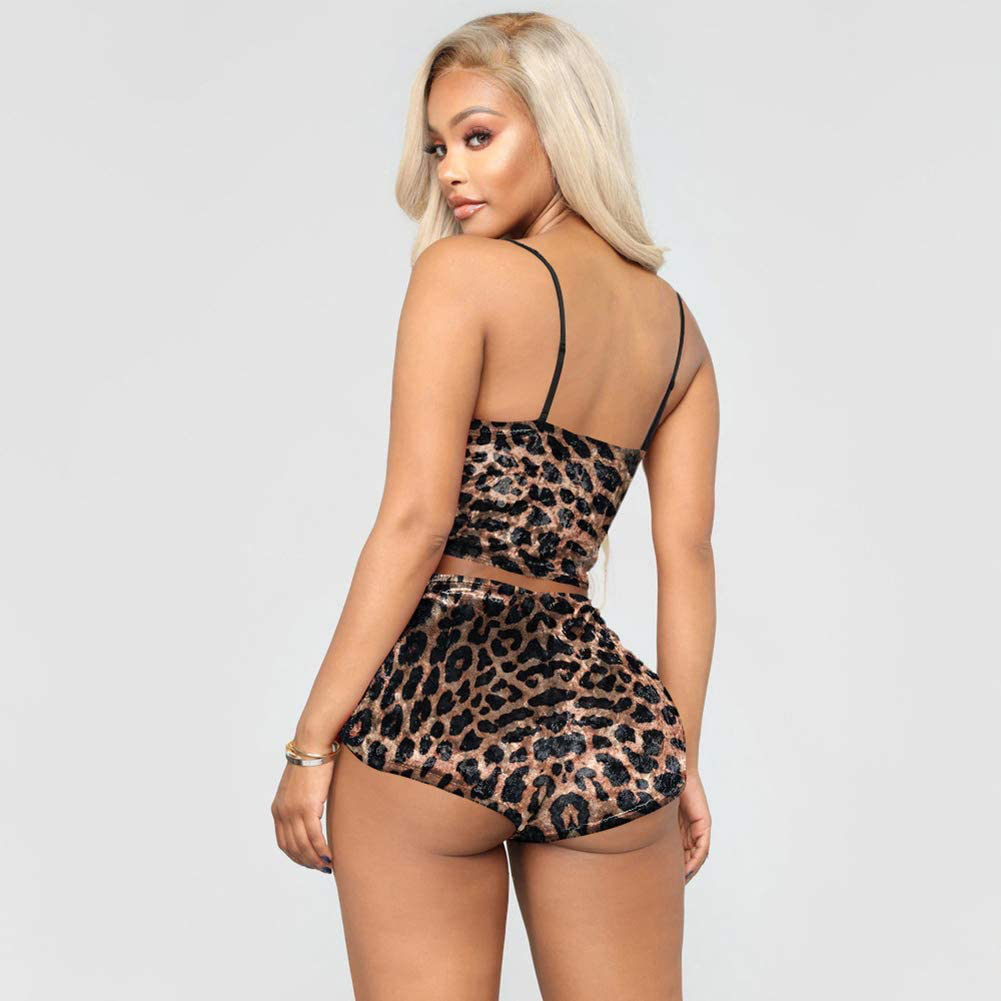 Women Sexy Velvet 2 Piece Outfit Spaghetti Strap Leopard Tie Dye Cami Crop Top + Shorts Bottom Sleepwear Pajama Set Nightwear Apparel & Accessories > Clothing > Sleepwear & Loungewear Kylie Max   