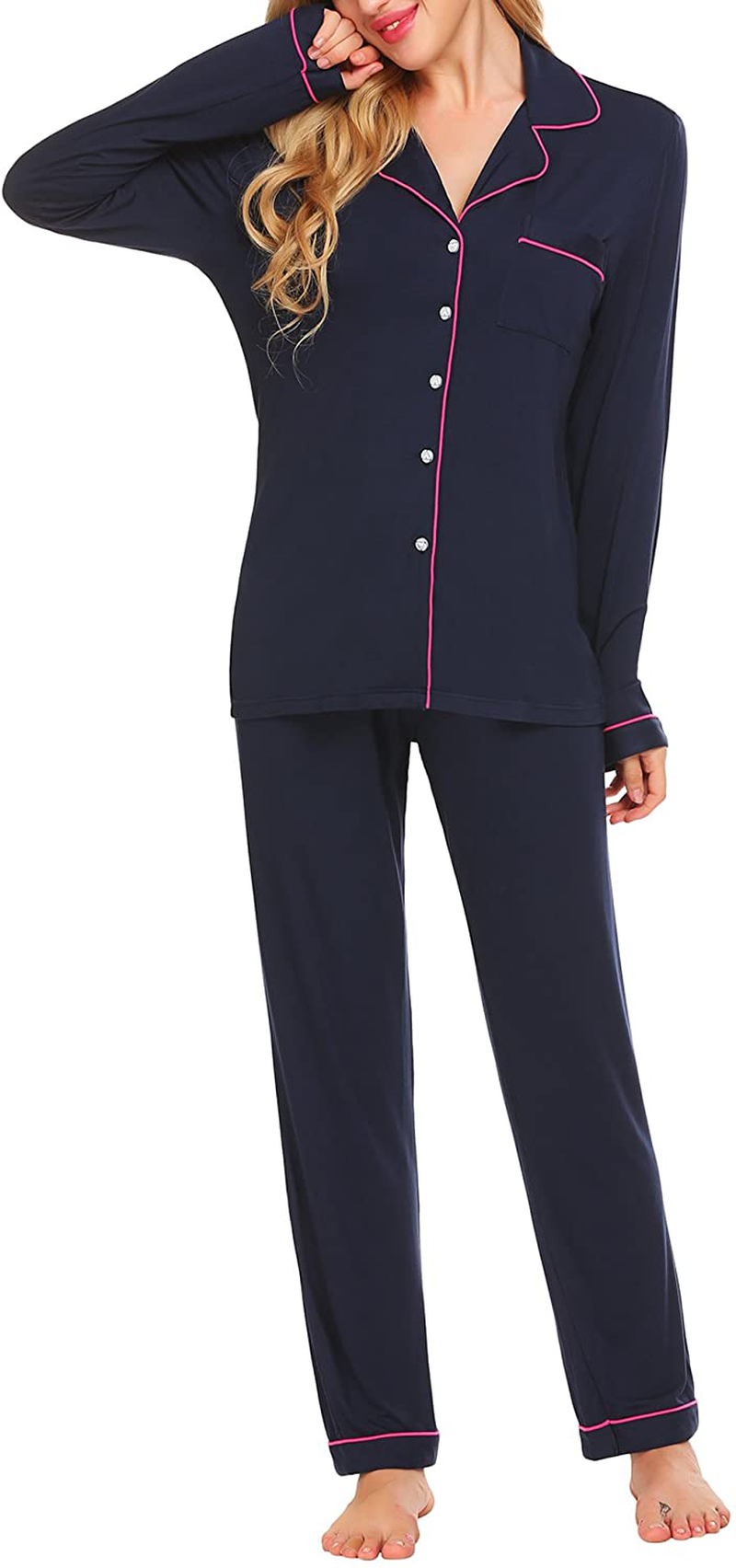 Ekouaer Pajamas Set Long Sleeve Sleepwear Womens Button down Nightwear Soft Pj Lounge Sets XS-XXL Apparel & Accessories > Clothing > Sleepwear & Loungewear > Pajamas Kylie Max   