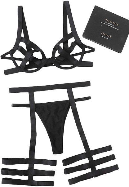 Shein Women'S Lingerie Set with Garter Belts 3 Piece Sexy Cut Out Lingerie Bodysuit Apparel & Accessories > Clothing > Underwear & Socks > Lingerie SheIn   