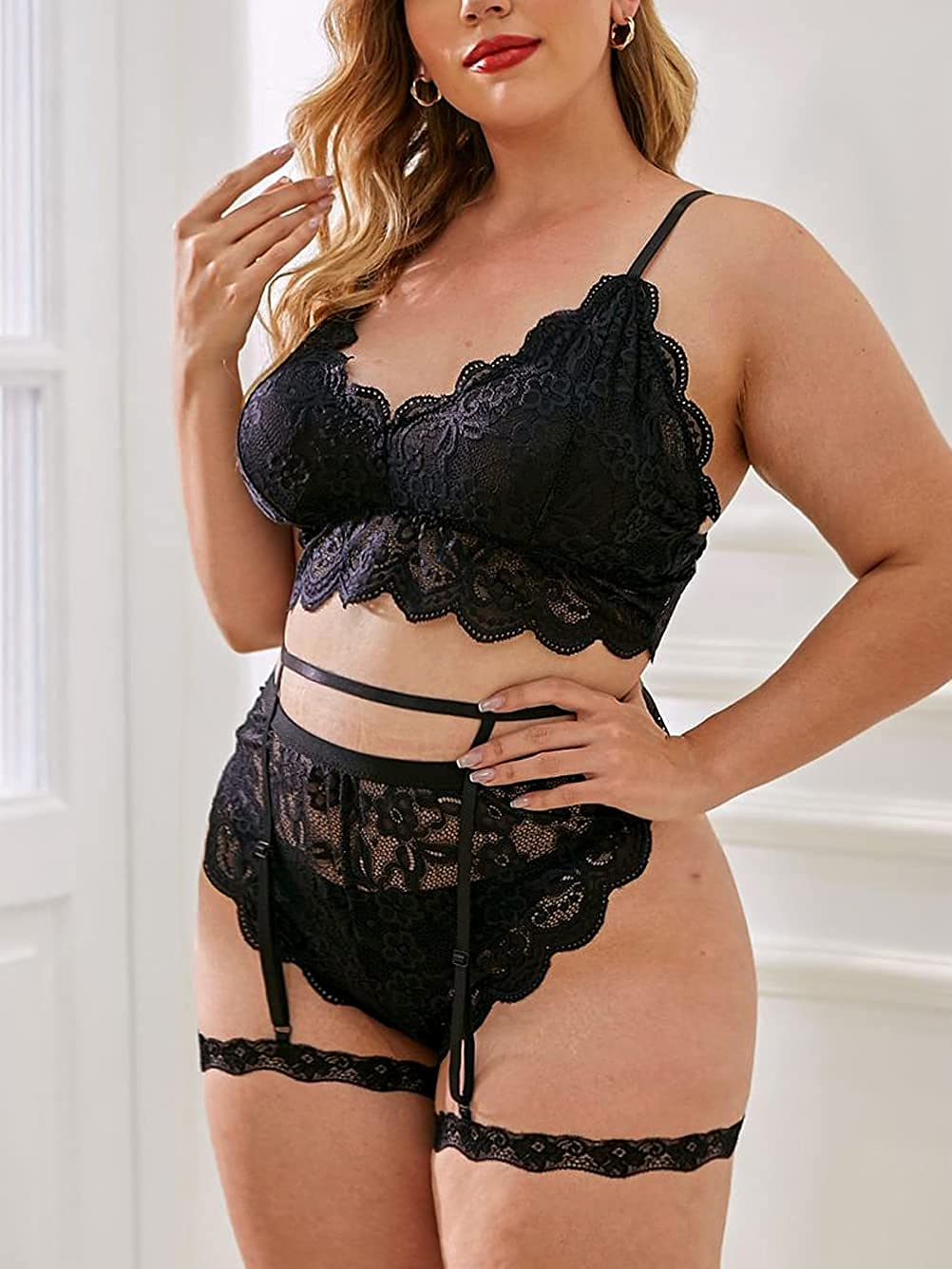 Kaei&Shi Floral Lace,V Neck Bralette,High Waisted Panty,Thigh Straps Belt,Plus Size Garter Lingerie Apparel & Accessories > Clothing > Underwear & Socks > Lingerie Kaei&Shi   