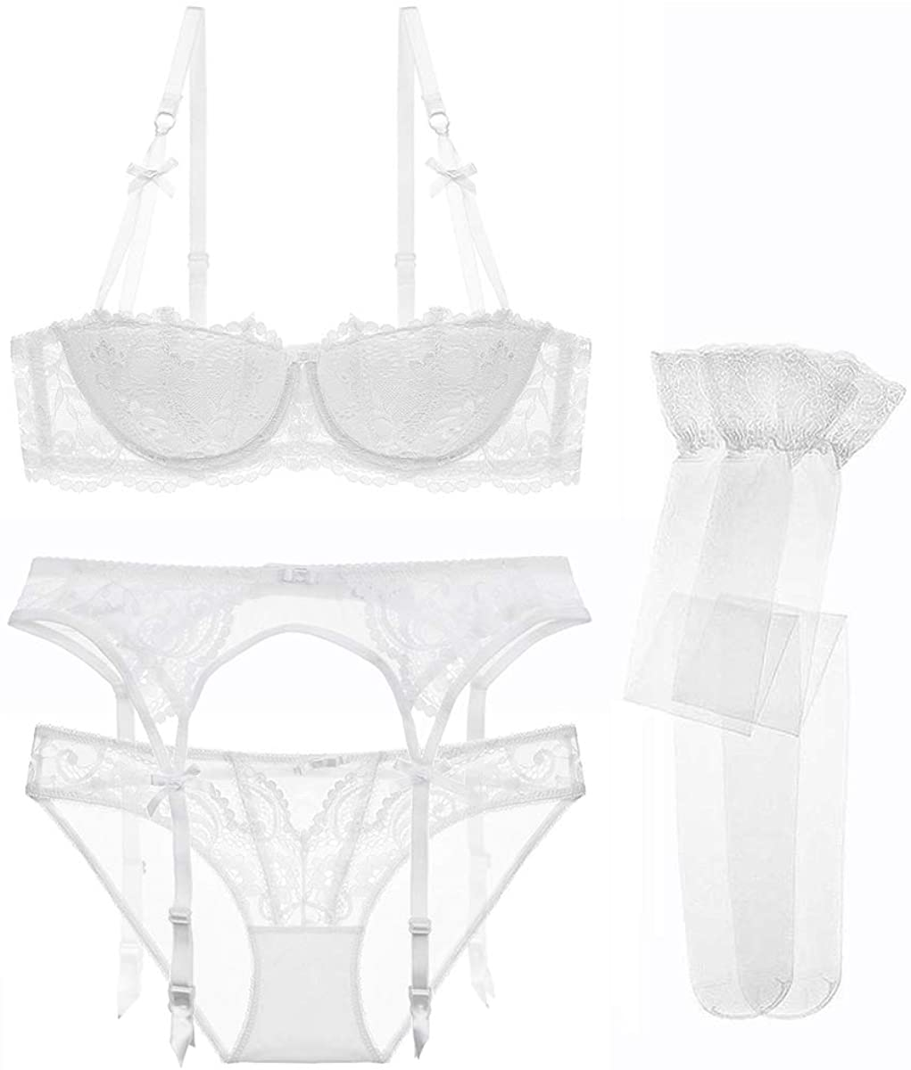 Women Push up Bras Set Lace Lingerie Bra and Panties and Garter and Stocking 4Pcs Apparel & Accessories > Clothing > Underwear & Socks > Lingerie Ningsige   