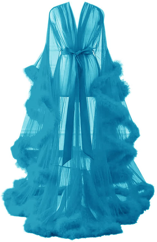 Changuan Sexy Illusion Long Lingerie Robe Nightgown Bathrobe Sleepwear Feather Bridal Robe Wedding Scarf Apparel & Accessories > Clothing > Sleepwear & Loungewear > Robes Changuan   