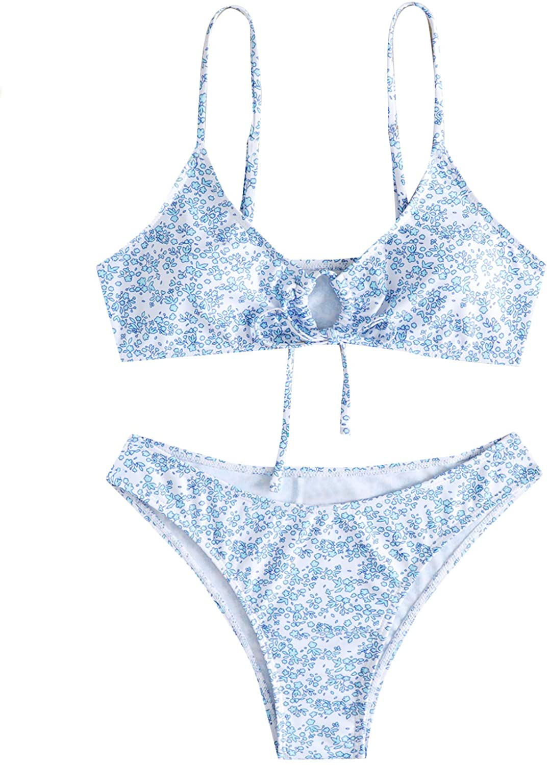 SOLY HUX Women's Floral Print Tie Front Bikini Bathing Suit 2 Piece Swimsuits Apparel & Accessories > Clothing > Swimwear KYLIE MAX Blue White Small 