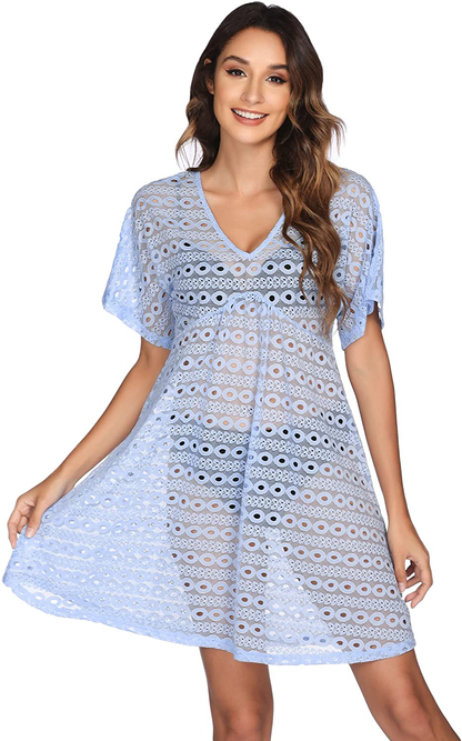 Ekouaer Women Swimsuit Cover Ups Batwing Sleeve Sheer Lace Cover up Bathing Suit Beach Dress Apparel & Accessories > Clothing > Swimwear Kylie Max   