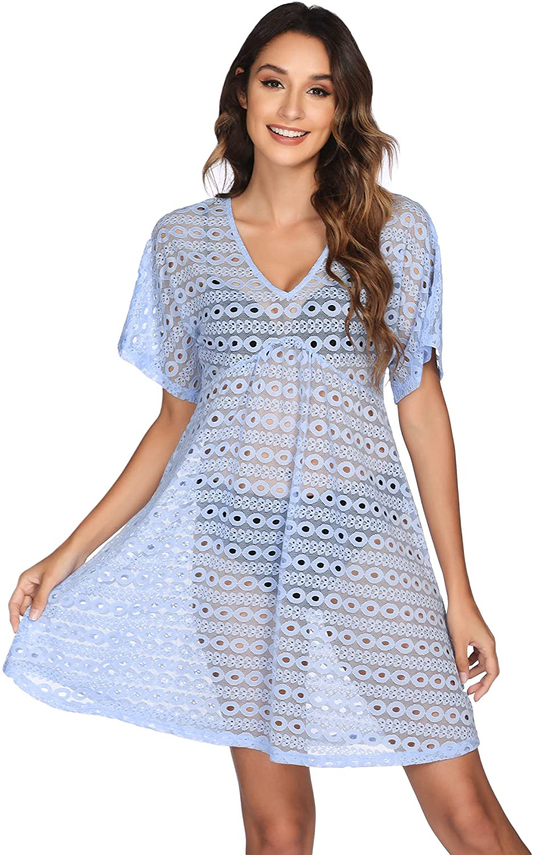 Ekouaer Women Swimsuit Cover Ups Batwing Sleeve Sheer Lace Cover up Bathing Suit Beach Dress Apparel & Accessories > Clothing > Swimwear Kylie Max   