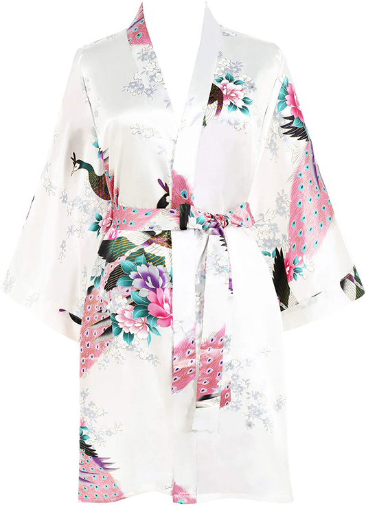BABEYOND Short Kimono Robe Blouse Peacock Printed Kimono Cover up Loose Cardigen Apparel & Accessories > Clothing > Sleepwear & Loungewear > Robes KYLIE MAX White  