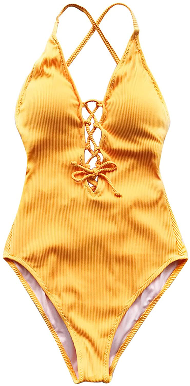 CUPSHE Women's Solid Color V Neck Lace Up One Piece Swimsuit Apparel & Accessories > Clothing > Swimwear CUPSHE Yellow Small 