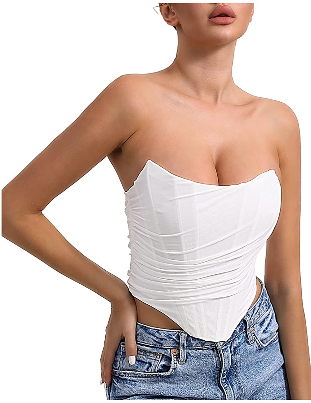 L'VOW Women'S Sexy Mesh Corset Crop Top Push up Strapless Open Back Boned Bustier Apparel & Accessories > Clothing > Underwear & Socks > Lingerie L'VOW White Medium 