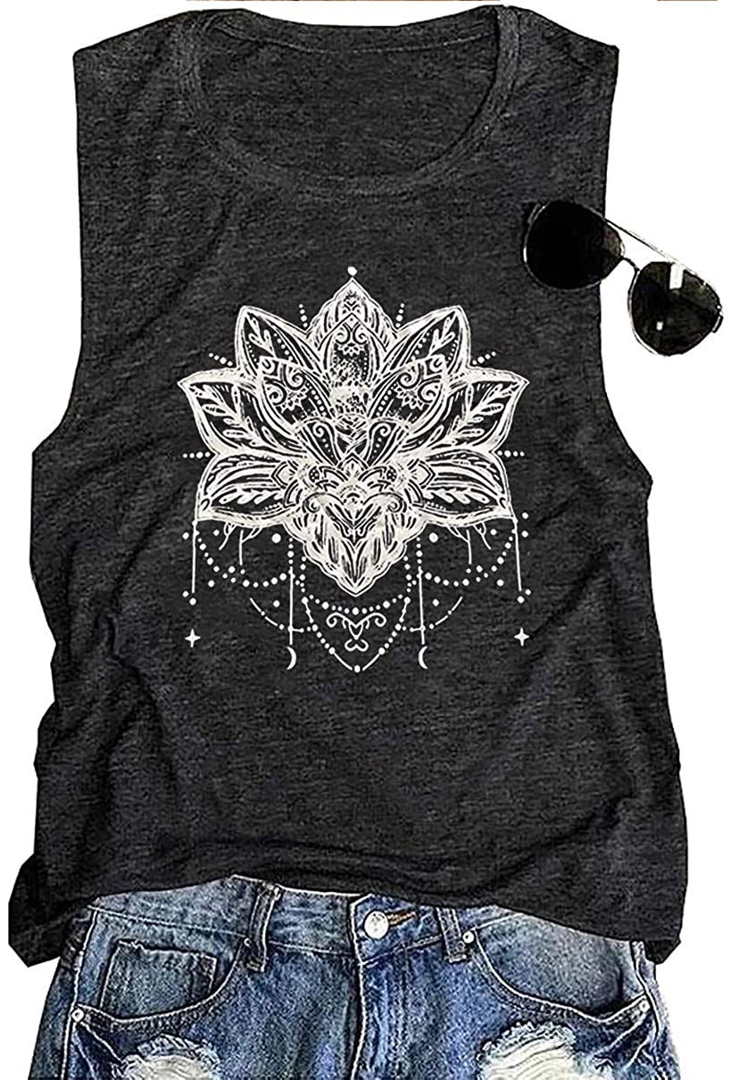 QIANRUO Lotus Flower Tank Top Women Meditation Yoga Shirts Casual Workout Muscle Tank Top Summer Sleeveless Graphic Tees Vest Apparel & Accessories > Clothing > Activewear Kylie Max   