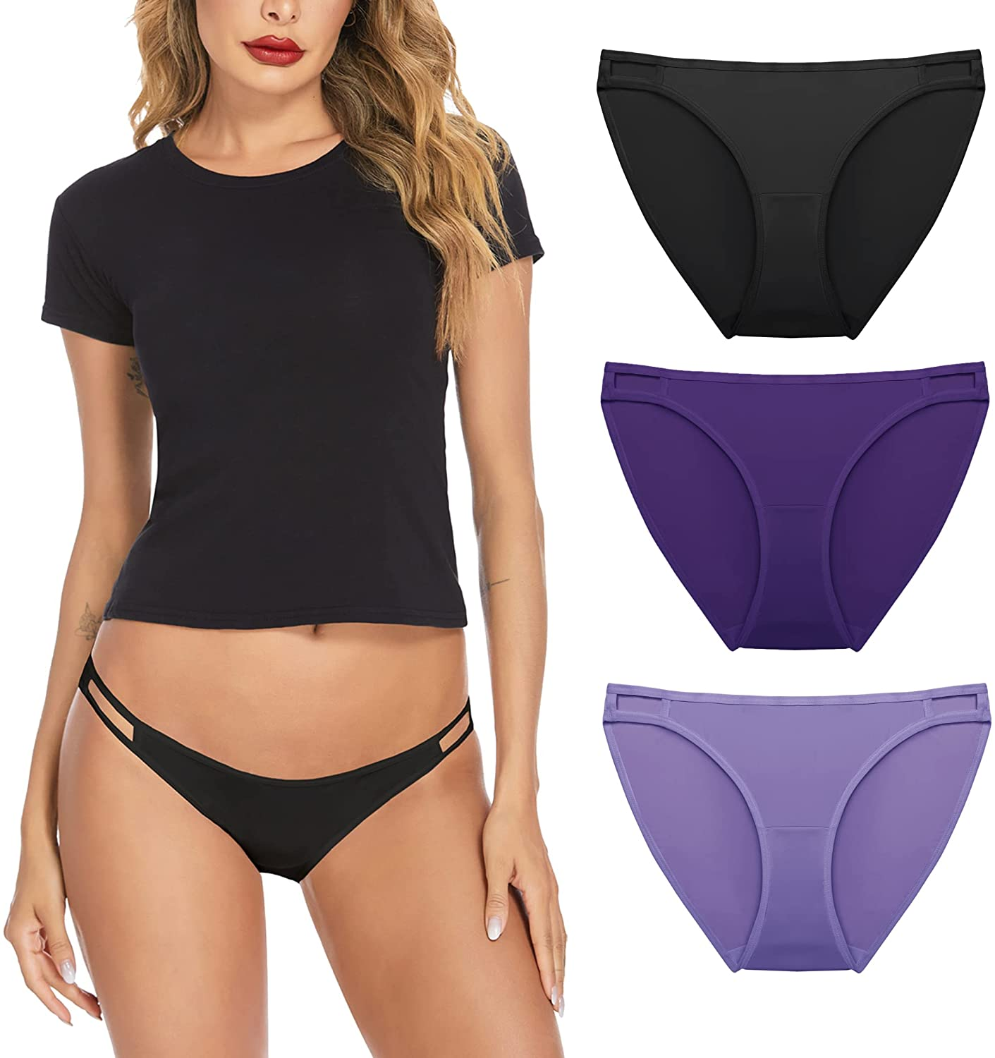 Ekouaer Sexy Ice Silk Bikini Underwear Panty Womens Seamless String Briefs Soft Stretch Breathable Invisible Panty 3 Pack Apparel & Accessories > Clothing > Underwear & Socks > Underwear Ekouaer 3 Pack-black/Purple/Light Purple XX-Large 