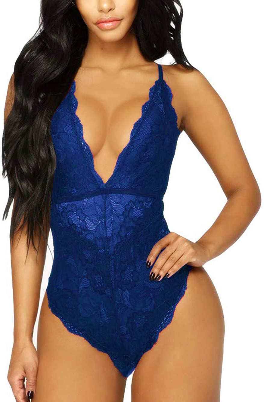 Kaei&Shi V-Neck See Through Lingerie Floral Lace Babydoll Sexy Lingerie for Women One Piece Bodysuit Apparel & Accessories > Clothing > Underwear & Socks > Lingerie Kaei&Shi Blue Small 