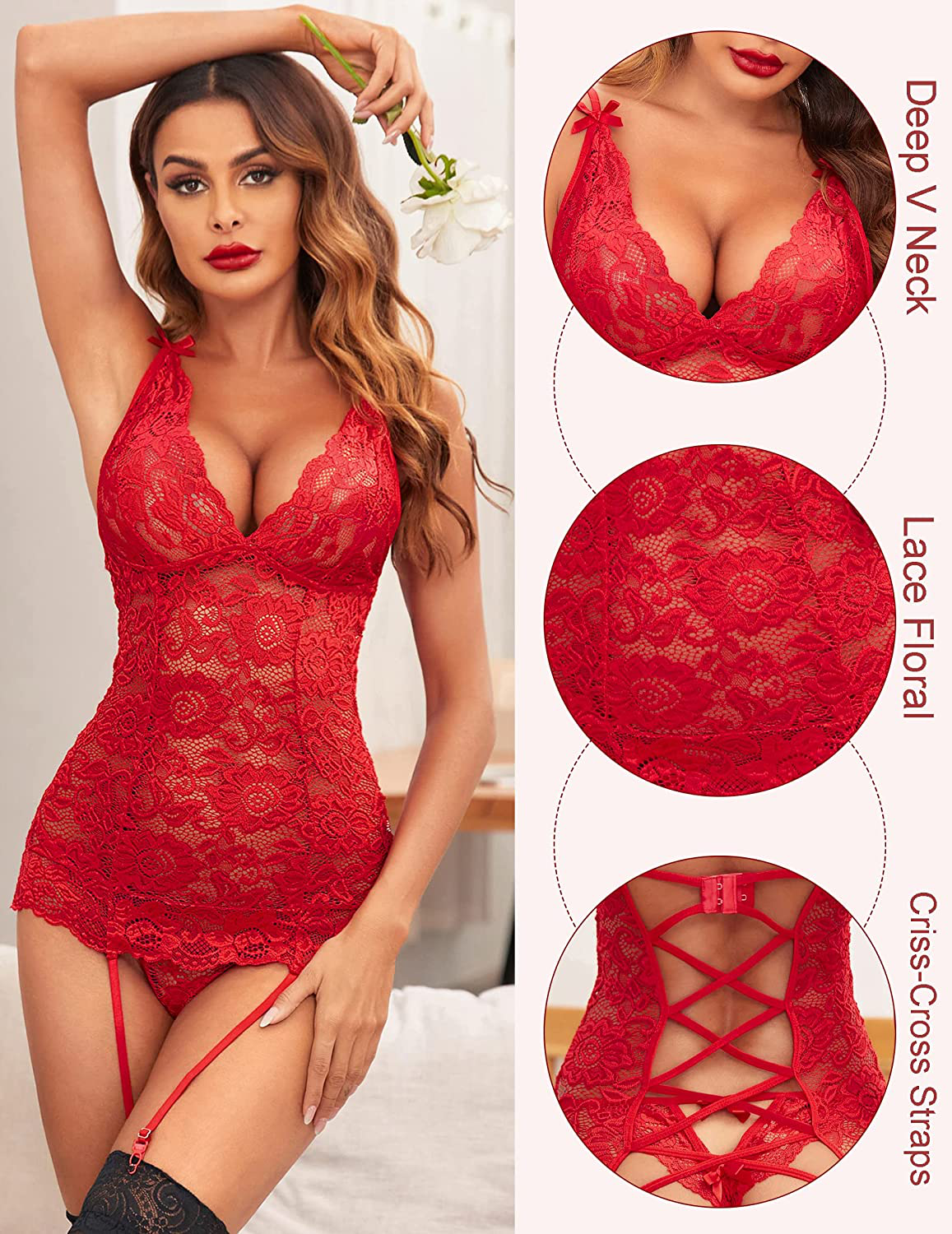 Avidlove Women’S Lace Babydoll with Garter Mini Teddy Bodysuit Sexy Lingerie Backless Chemise Apparel & Accessories > Clothing > Underwear & Socks > Lingerie Kylie Max   
