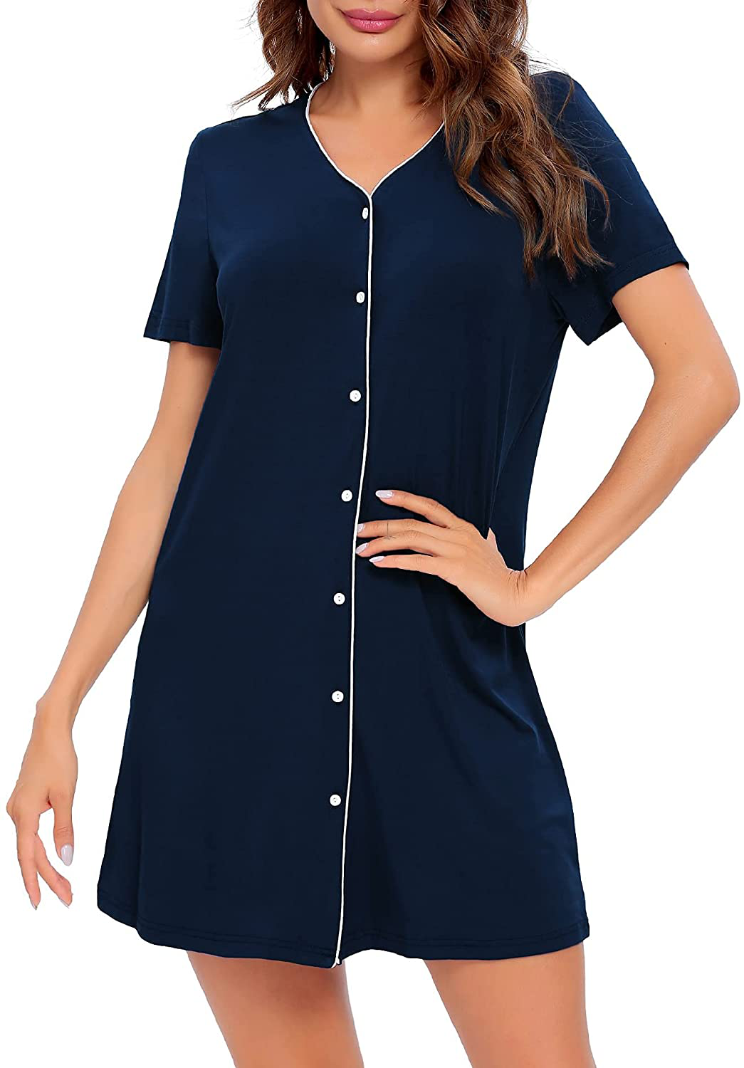 SWOMOG Women'S Button down Nightgown Short Sleeve Nightshirt V-Neck Sleepwear Boyfriend Sleepshirt Pajama Dress Apparel & Accessories > Clothing > Sleepwear & Loungewear > Nightgowns Kylie Max   