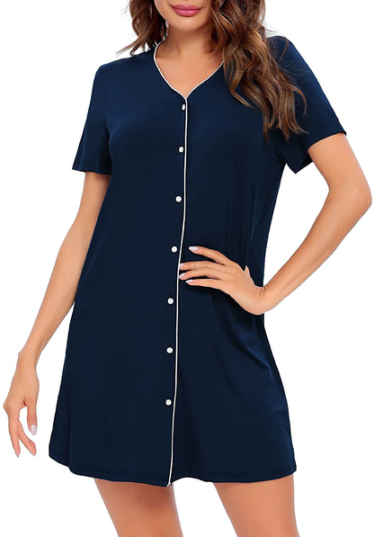 SWOMOG Women'S Button down Nightgown Short Sleeve Nightshirt V-Neck Sleepwear Boyfriend Sleepshirt Pajama Dress Apparel & Accessories > Clothing > Sleepwear & Loungewear > Nightgowns Kylie Max   