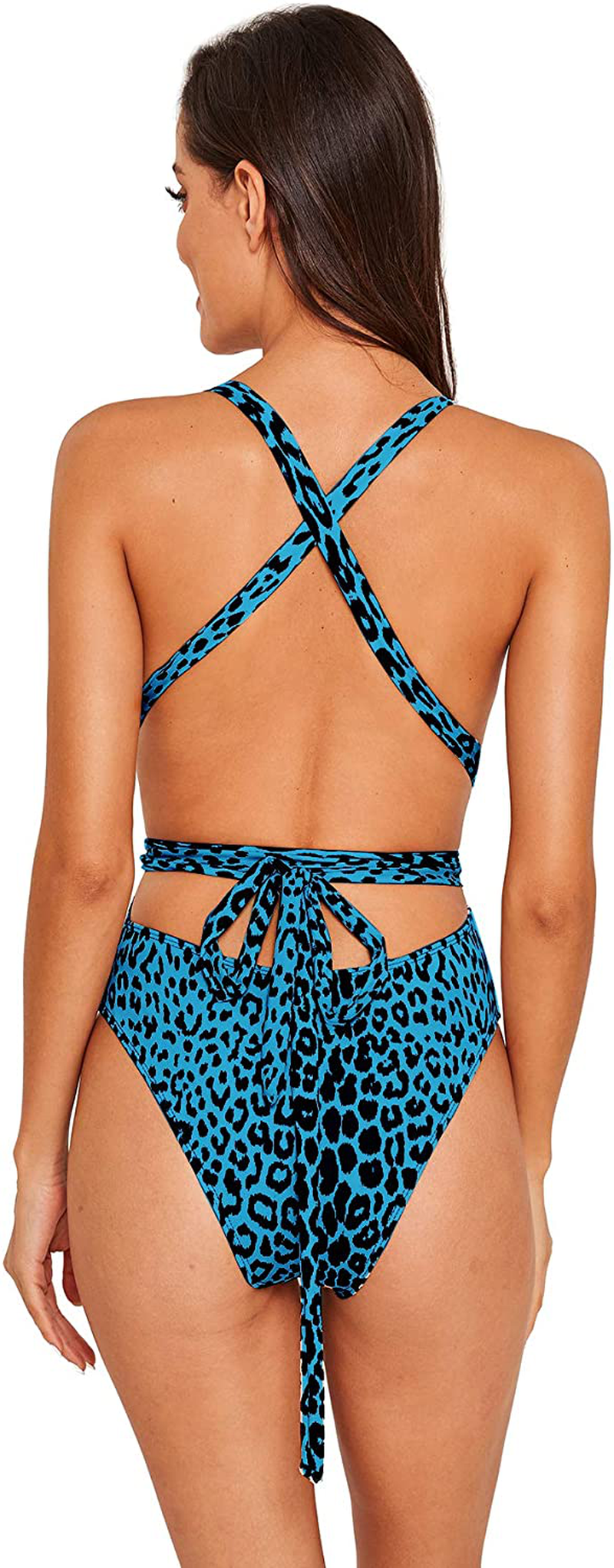 Sweatyrocks Women'S Sexy Bathing Suits Criss Cross Tie Knot Front Deep V Open Back Leopard One Piece Swimwear Apparel & Accessories > Clothing > Swimwear Kylie Max   