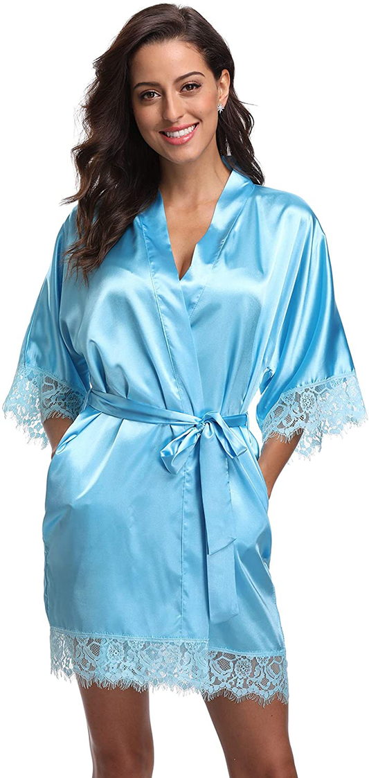 Original Kimono Women'S Lace-Trimmed Satin Short Kimono Robe Bathrobe Loungewear Apparel & Accessories > Clothing > Sleepwear & Loungewear > Robes Original Kimono   