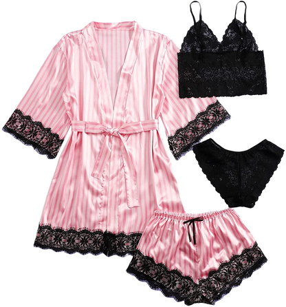 WDIRARA Women'S 4 Pieces Satin Floral Lace Cami Top Lingerie Pajama Set with Robe Apparel & Accessories > Clothing > Underwear & Socks > Lingerie WDIRARA Striped Pink Black Medium 