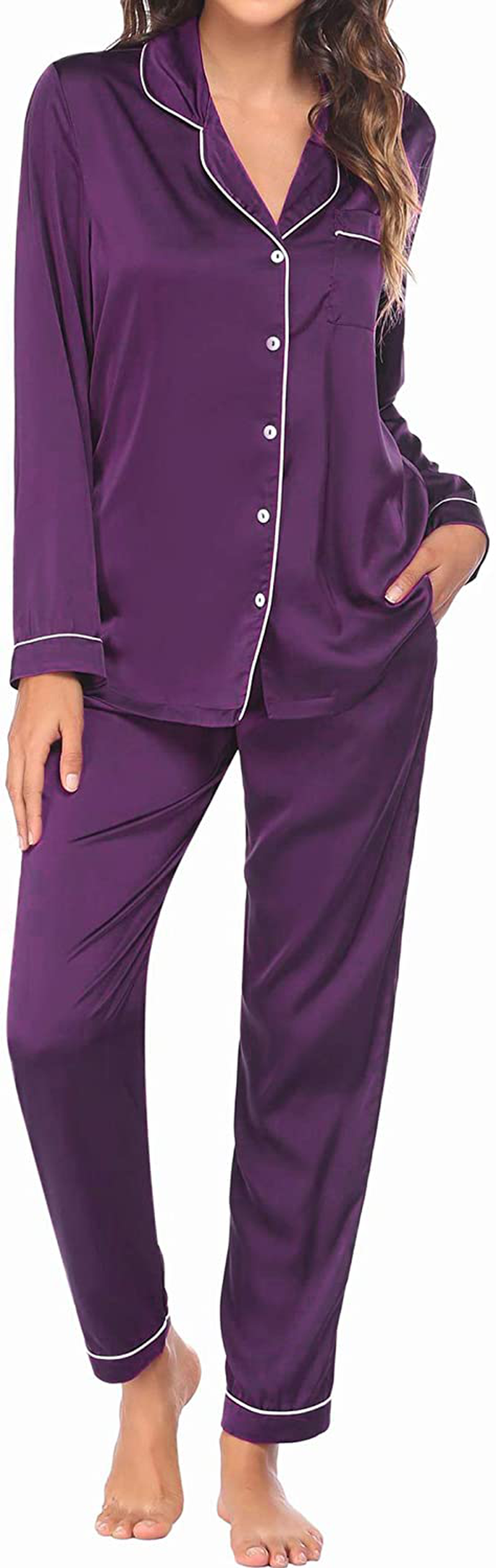 Ekouaer Satin Pajamas Women’S Long Sleeve Sleepwear Silk Soft Button down Loungewear Pjs Set S-XXL Apparel & Accessories > Clothing > Sleepwear & Loungewear > Pajamas Kylie Max   