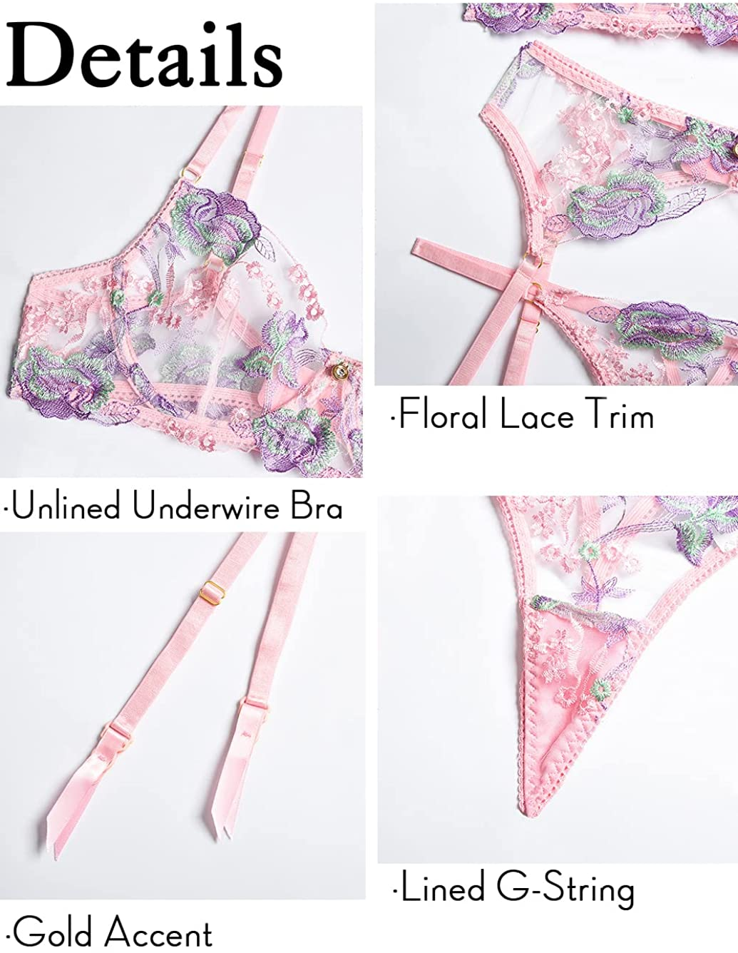 Kaei&Shi Floral Embroidered, Underwire, High Leg G String, 3 Piece Garter Lingerie Apparel & Accessories > Clothing > Underwear & Socks > Lingerie Kaei&Shi   