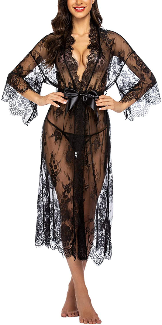 Avidlove Women Sexy Long Lace Lingerie Kimono Robe Sheer Babydoll Nightgown Nightdress Apparel & Accessories > Clothing > Underwear & Socks > Lingerie Kylie Max   