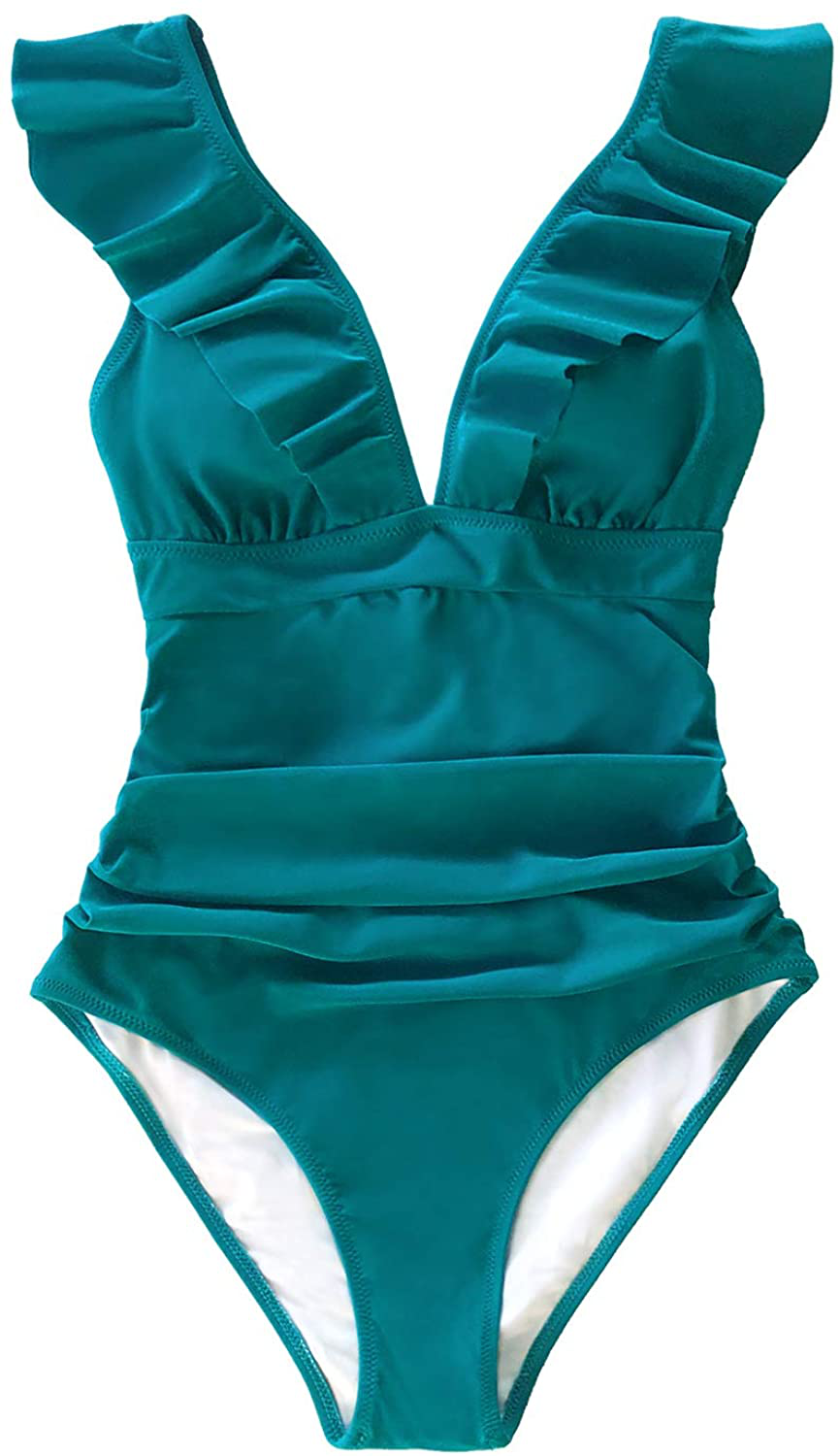 CUPSHE Women'S V Neck One Piece Swimsuit Ruffled Lace up Monokini Apparel & Accessories > Clothing > Swimwear Kylie Max   
