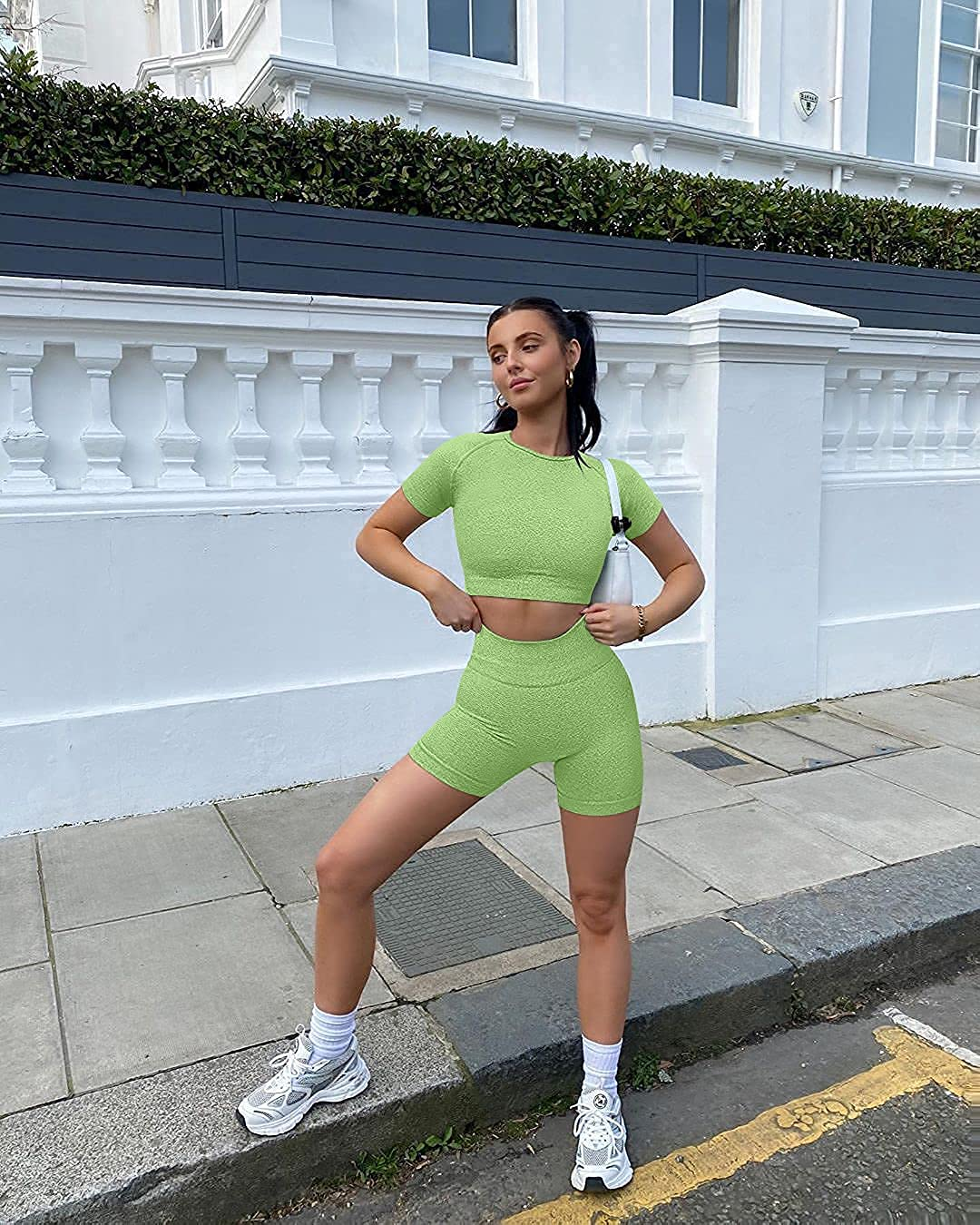 OYS Women'S Yoga 2 Piece Outfits Workout Running Crop Top Seamless High Waist Sports Shorts Sets Apparel & Accessories > Clothing > Underwear & Socks > Lingerie OYS   