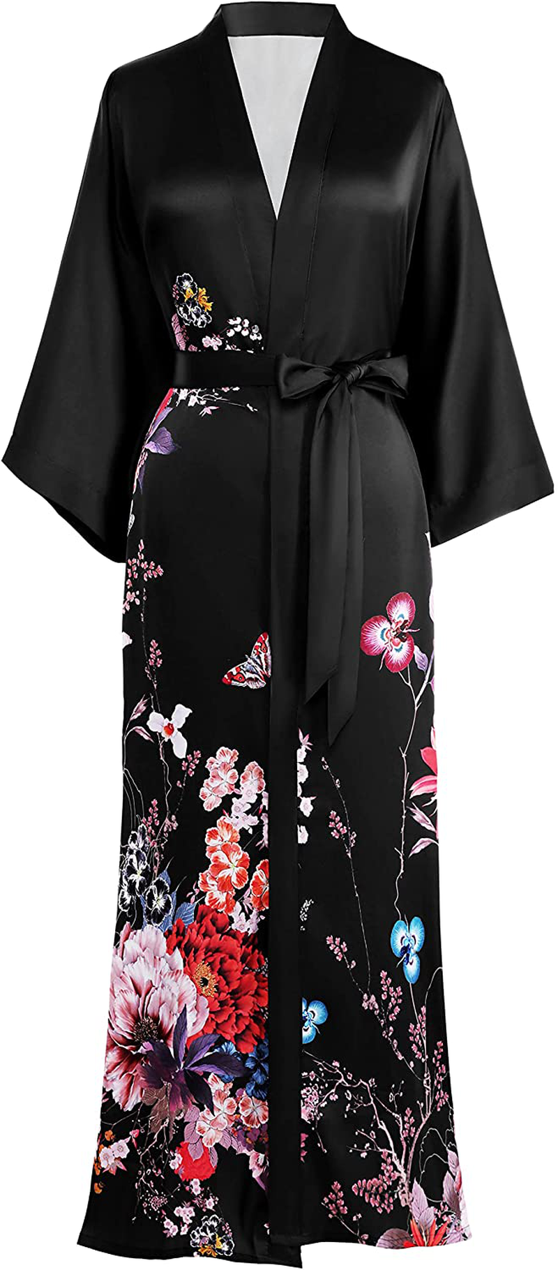PRODESIGN Long Kimono Robe Satin Sleepwear Gradient Watercolor Silky Kimono Nightgown Bathrobe Kimono Blouse Cardigan Apparel & Accessories > Clothing > Sleepwear & Loungewear > Robes KYLIE MAX Carnation - Black  