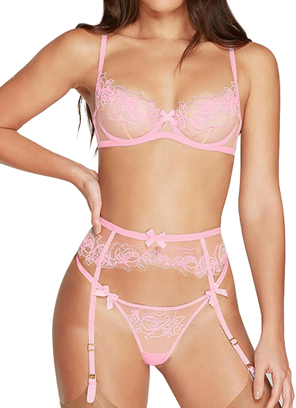 Kaei&Shi Embroidered Lace Sheer,Underwire,G-String,3 Piece,Garter Lingerie Set Apparel & Accessories > Clothing > Underwear & Socks > Lingerie Kaei&Shi   