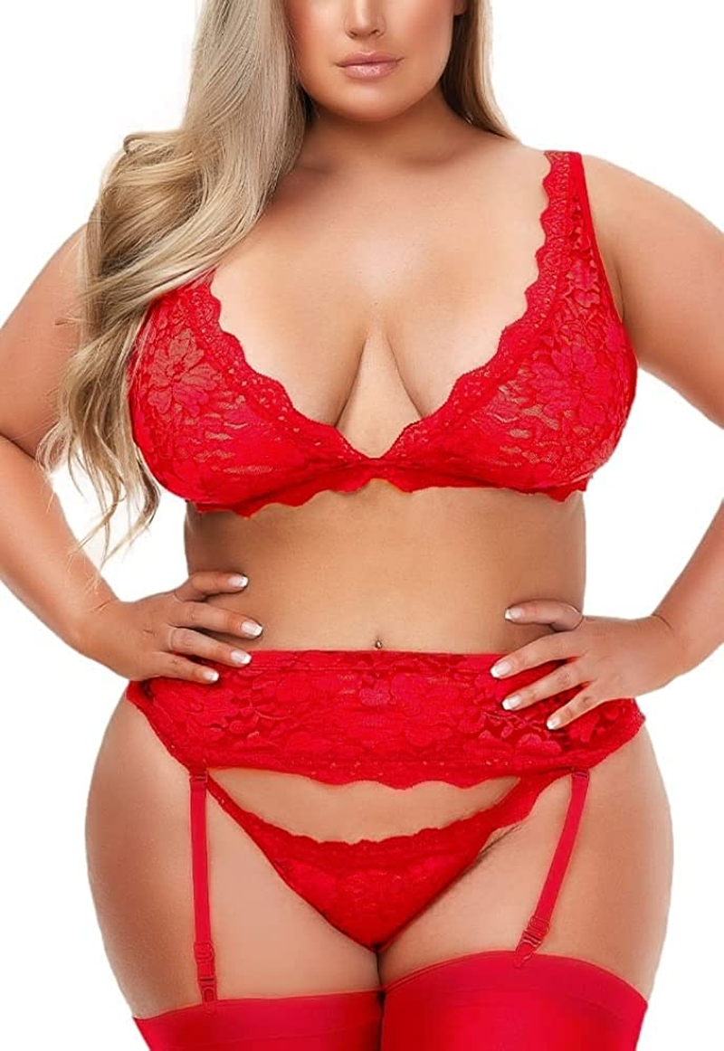 Women plus Size Lingerie 3 Piece Set, Black Floral Lace Bra and High Waist Garter Belt with Thong Apparel & Accessories > Clothing > Underwear & Socks > Lingerie KYLIE MAX Red 3X-Large 