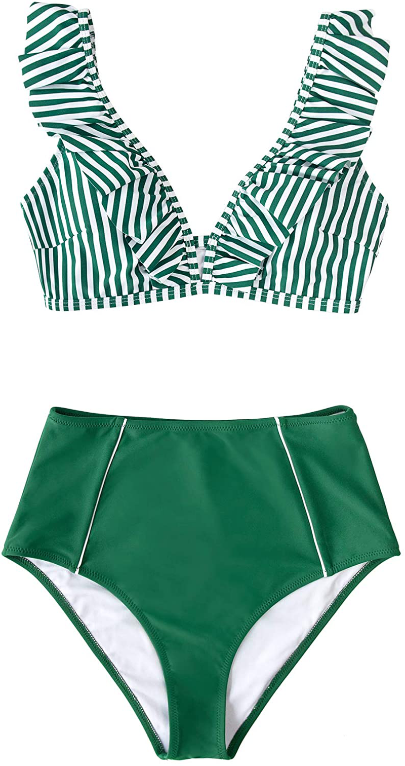 CUPSHE Women's High Waist Bikini Swimsuit Ruffle Floral Print Two Piece Bathing Suit Apparel & Accessories > Clothing > Swimwear KYLIE MAX   