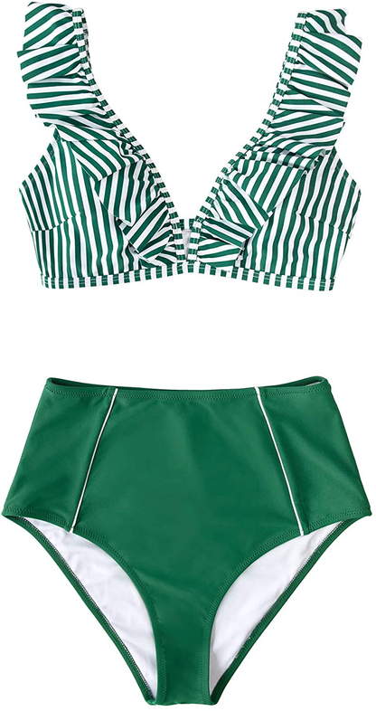 CUPSHE Women's High Waist Bikini Swimsuit Ruffle Floral Print Two Piece Bathing Suit Apparel & Accessories > Clothing > Swimwear KYLIE MAX   