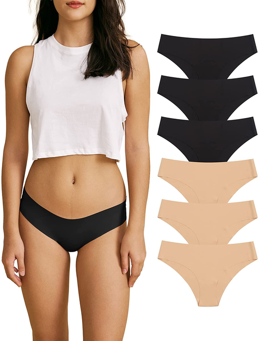 SHARICCA Women Seamless Cheeky Bikini No Show Panties Ladies Invisible Breathable Briefs Soft Stretch Underwear Multi Pack Apparel & Accessories > Clothing > Underwear & Socks > Underwear SHARICCA (6 Pack) 3 Black 3 Beige Large 