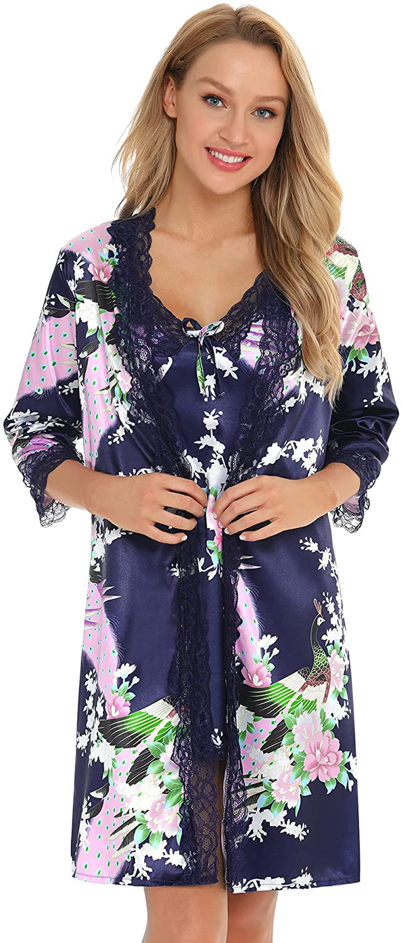 Sykooria Sexy Satin Robes for Women Lace Pajamas Set 2 Piece Sleepwear Ladies Lingerie Nightgown for Bride Party Apparel & Accessories > Clothing > Sleepwear & Loungewear > Robes Sykooria   