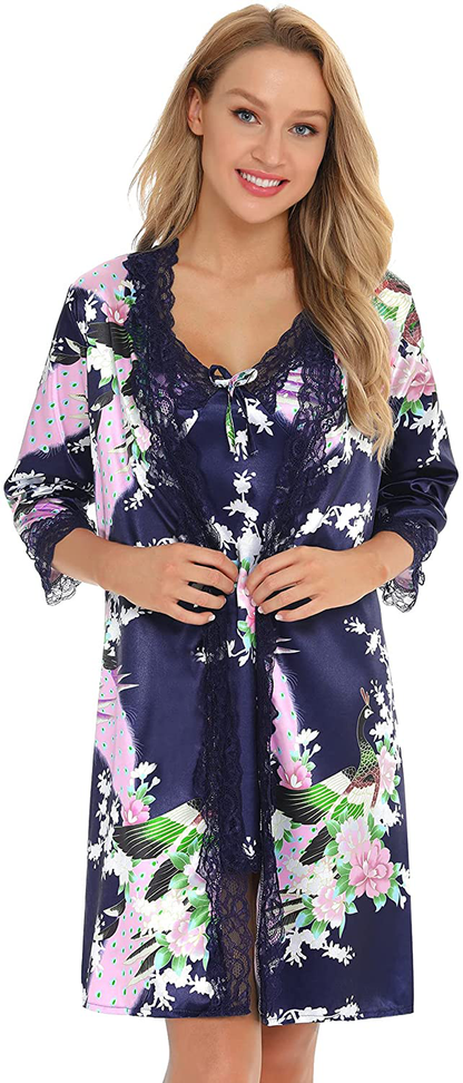 Sykooria Sexy Satin Robes for Women Lace Pajamas Set 2 Piece Sleepwear Ladies Lingerie Nightgown for Bride Party Apparel & Accessories > Clothing > Sleepwear & Loungewear > Robes Sykooria   