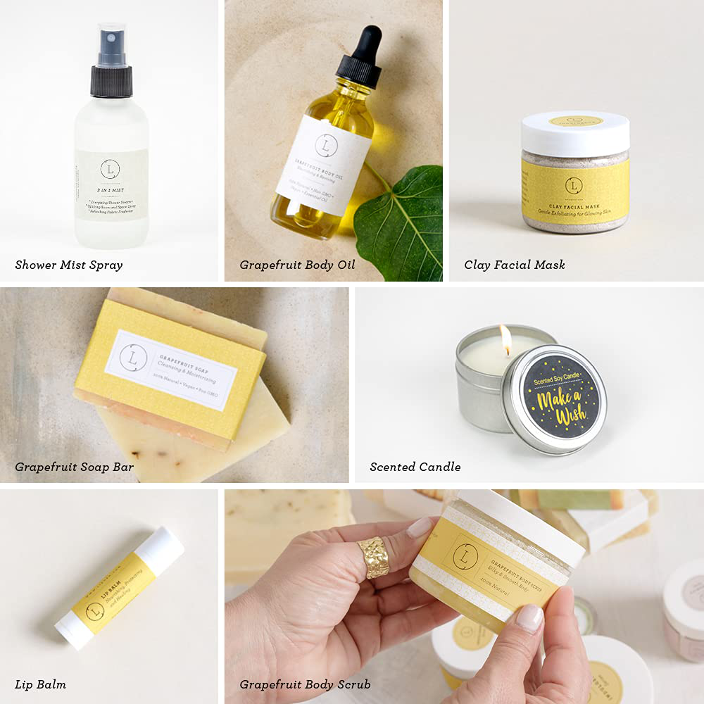 Spa Gift Set, Pampering Relaxing Box, Citrus Care Package for Women, Including 9 pc- Soap Bar, Facial Mask, Mist, Body Oil, Lip Balm, Cosmetic Bag, Scrub, Soy Candle & Sponge by Lizush. Arts & Entertainment > Party & Celebration > Gift Giving Lizush   