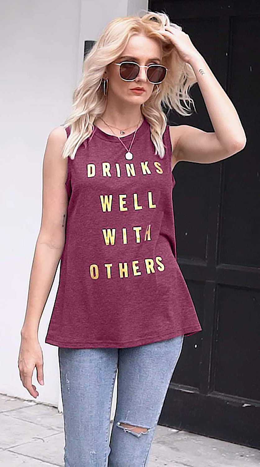 Drinks Well with Others Muscle Tank Tops Womens Funny Drinking Alcohol Sleeveless Letter Printed Graphic Tee Shirt Tops Apparel & Accessories > Clothing > Activewear Kylie Max   