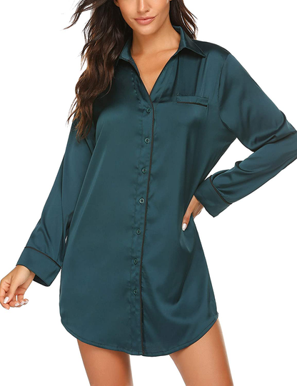 Ekouaer Women'S Long Sleeve Satin Sleepshirt Button down Nightgowns Silk Nightshirt Pajama Top Sleepwear S-XXL Apparel & Accessories > Clothing > Sleepwear & Loungewear > Nightgowns Kylie Max   