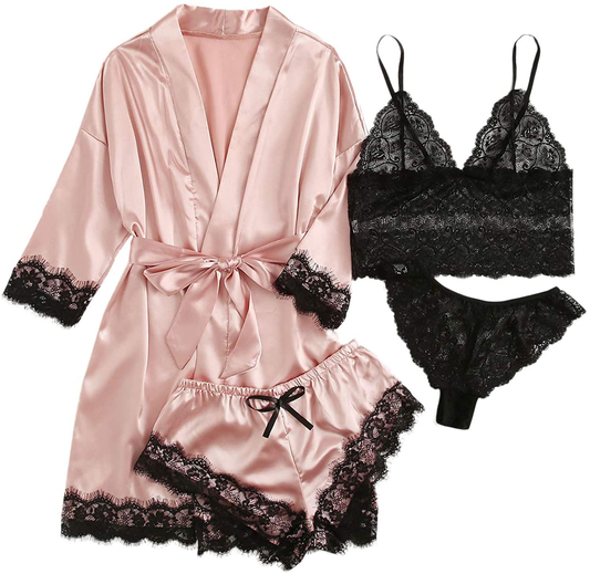 SOLY HUX Women'S Sleepwear 4Pcs Floral Lace Trim Satin Cami Pajama Set with Robe Apparel & Accessories > Clothing > Sleepwear & Loungewear Kylie Max   
