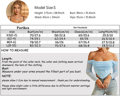 Mesh Sheer Long Sleeve Corset Crop Top Ruched off Shoulder Blouse Push up Party Boned Bustier for Cute Women Trendy Apparel & Accessories > Clothing > Underwear & Socks > Lingerie Parthea   