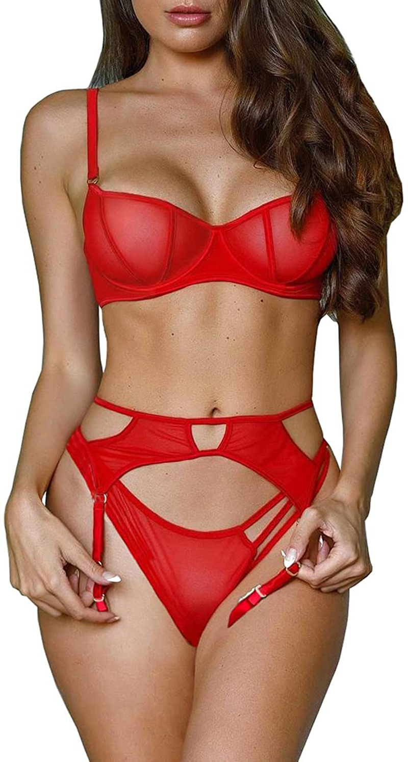 Kaei&Shi Sheer Mesh,Underwire,Cutout Thong,Garter Bet,3 Piece Lingerie Set Apparel & Accessories > Clothing > Underwear & Socks > Lingerie Kaei&Shi   