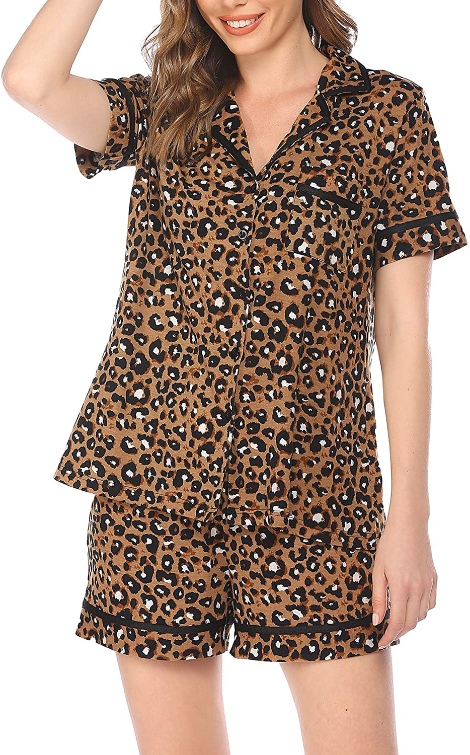 Ekouaer Pajamas Soft Striped Women's Short Sleeve Button Sleepwear Shorts Shirt PJ Set(S-XXL) Apparel & Accessories > Clothing > Sleepwear & Loungewear > Pajamas Ekouaer C-leopard Print Large 